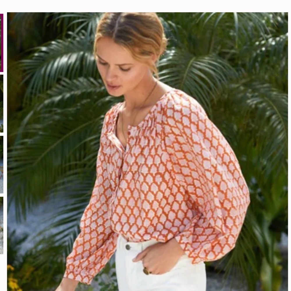 Emerson Fry Orange and White Printed Peasant Blouse